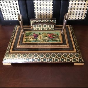 Vintage Khatam Kari handcrafted desk organizer.